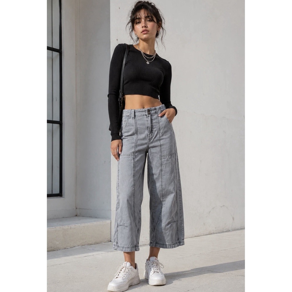 Oli & Hali Garment Dyed Trouser Cropped Wide Leg Barrel Small Pants Cotton 28x22